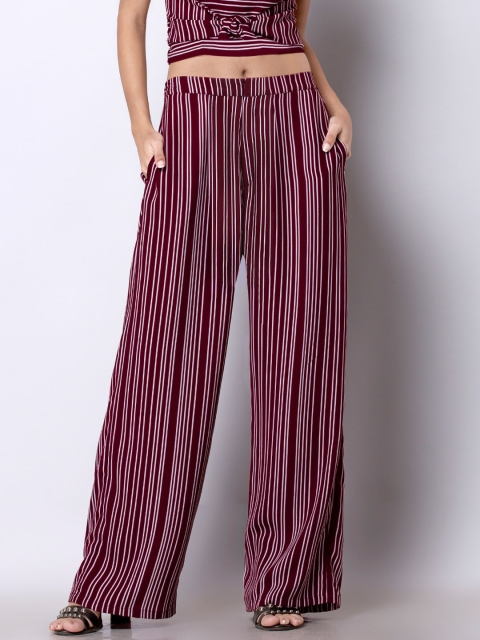 

FabAlley Women Maroon Straight Fit Striped Parallel Trousers
