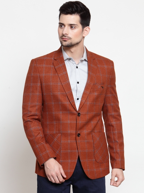 

LUXURAZI Men Rust Orange Checked Slim-Fit Single-Breasted Blazer