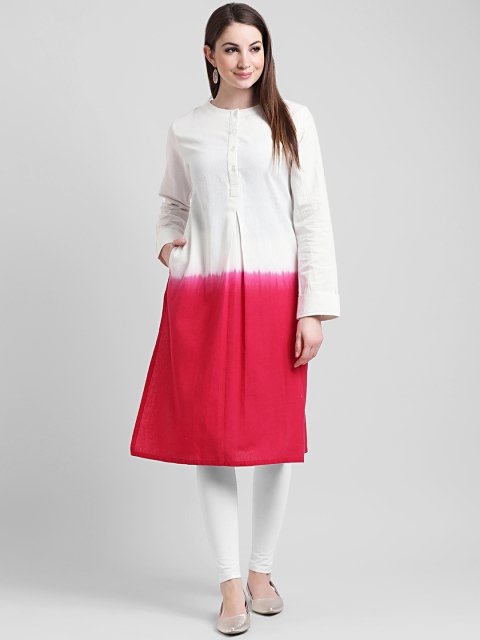 

Aayna Women Off-White & Red Colourblocked Straight Kurta