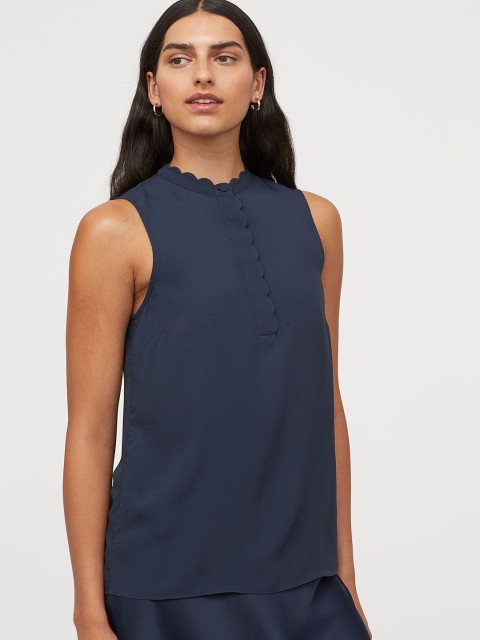 

H&M Women Navy Blue Solid Scallop-trimmed blouse