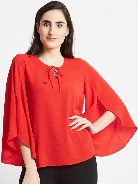 

COVER STORY Women Red Solid High-Low Woolen Top