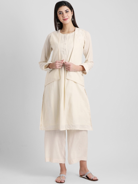 

Aayna Women Off-White Solid Straight Kurta with Jacket