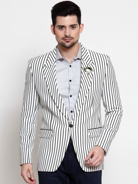 

LUXURAZI Men White & Black Striped Slim-Fit Single-Breasted Blazer