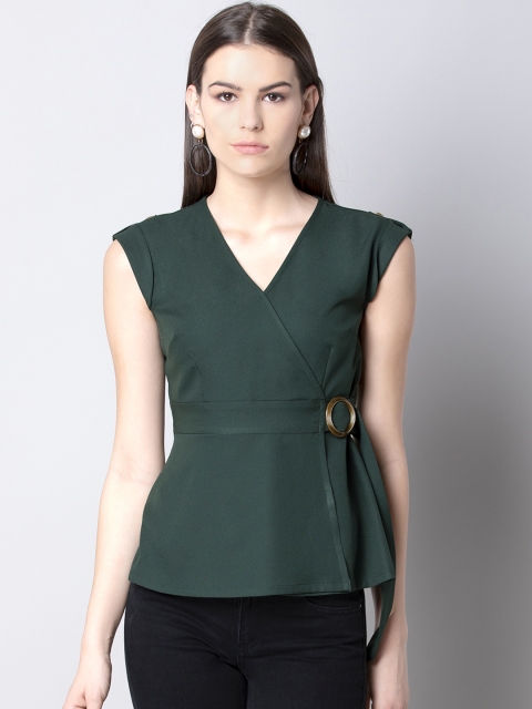 

FabAlley Women Green Solid Wrap Belted Top