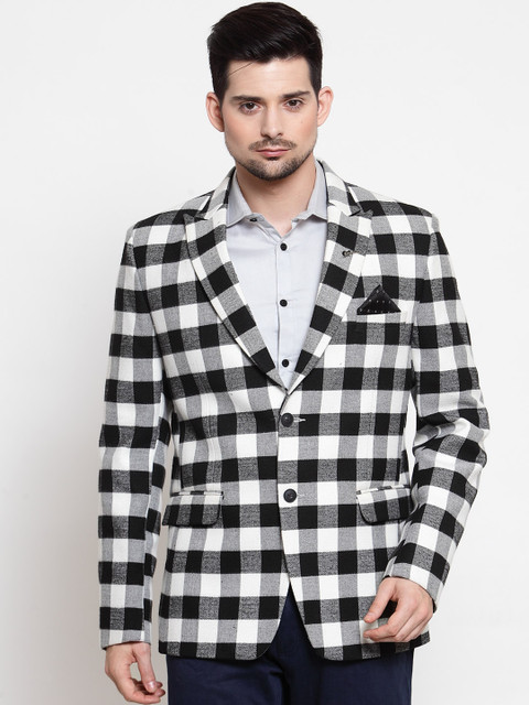 

LUXURAZI Men Black & White Checked Slim Fit Single-Breasted Blazer