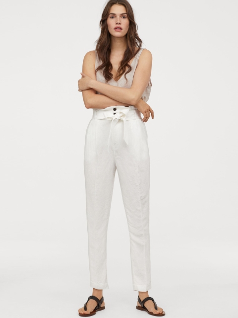 

H&M Women White Linen-Blend Paper Bag Trousers