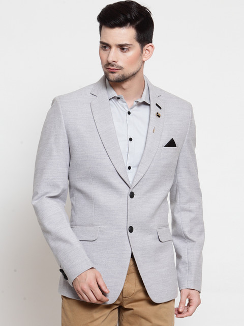 

LUXURAZI Men Grey Solid Slim-Fit Single-Breasted Blazer