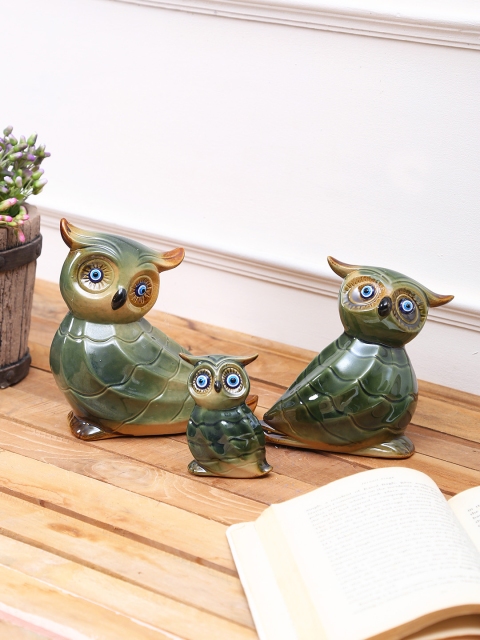 

TAYHAA Set of 3 Green Owls Ceramic Showpiece