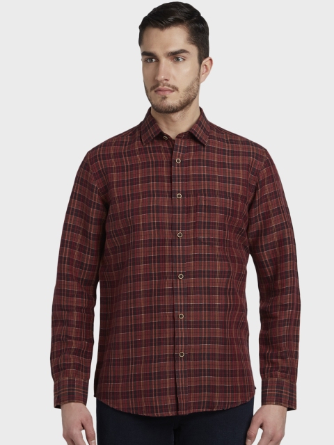 

ColorPlus Men Red Tailored Fit Checked Casual Linen Shirt