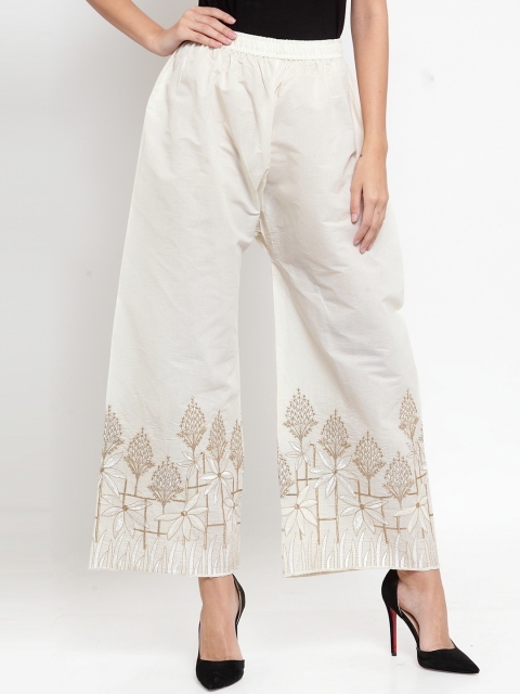 

Clora Creation Women Off-White Embroidered Wide Leg Palazzos