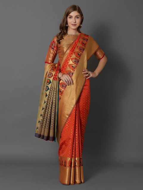 

Mitera Orange & Gold-Coloured Silk Blend Woven Design Banarasi Saree