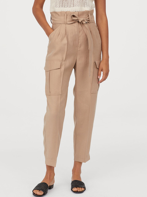 

H&M Women Beige Solid Paper Bag Trousers
