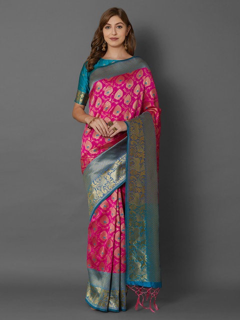 

Mitera Pink & Gold-Coloured Silk Blend Woven Design Banarasi Saree