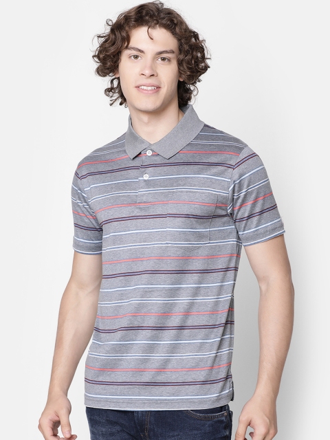 

IMYOUNG Men Grey Striped Polo Collar T-shirt