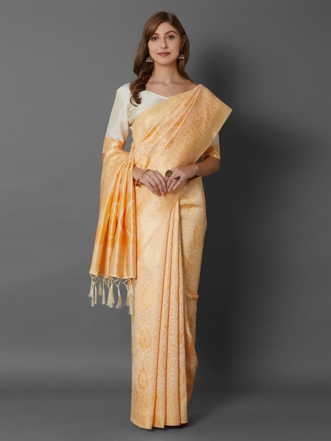 

Mitera Cream-Coloured & Orange Silk Blend Woven Design Dharmavaram Saree