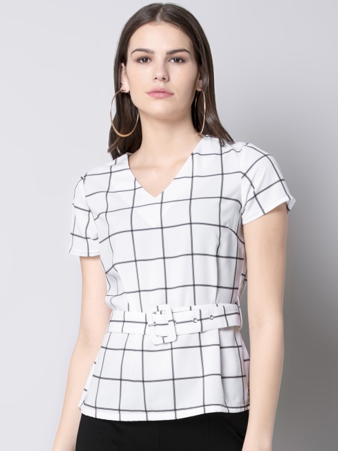 

FabAlley Women White Checked Belted Top
