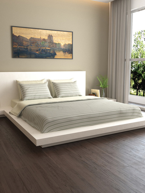 

MARK HOME Cream-Coloured & Grey Striped 200TC Bedding Set With Duvet Cover