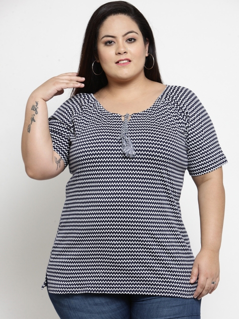 

plusS Women Navy Blue Chevron Striped Tie-Up Neck T-shirt