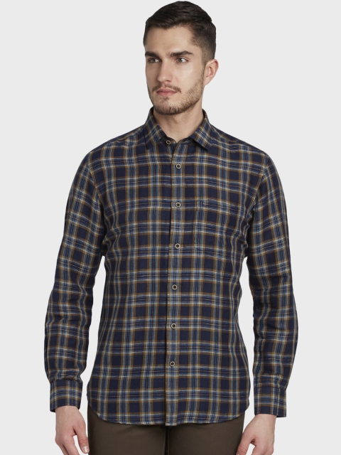 

ColorPlus Men Blue & Yellow Linen Tailored Fit Checked Casual Shirt