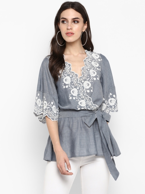 

MIAMINX Women Grey Printed Cinched Waist Top