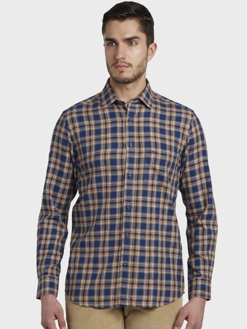 

ColorPlus Men Brown & Blue Tailored Fit Checked Casual Shirt