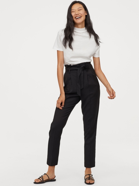 

H&M Women Black Solid Paper Bag Trousers