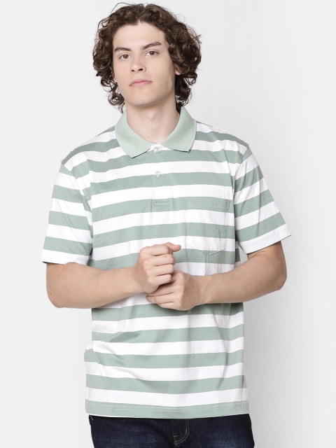 

IMYOUNG Men White Striped Polo Collar T-shirt