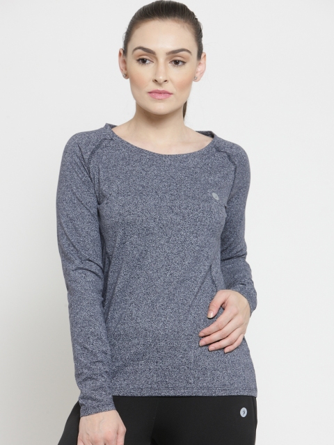 

BUKKUM Women Navy Blue Melange Solid Round Neck Sports T-shirt