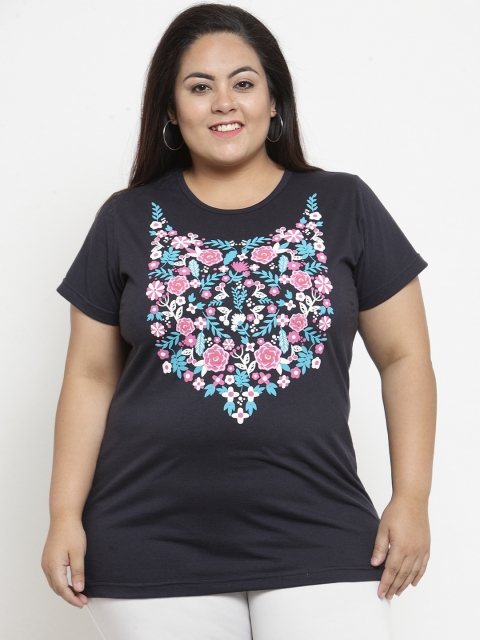 

plusS Women Navy Blue & Pink Floral Printed Round Neck T-shirt