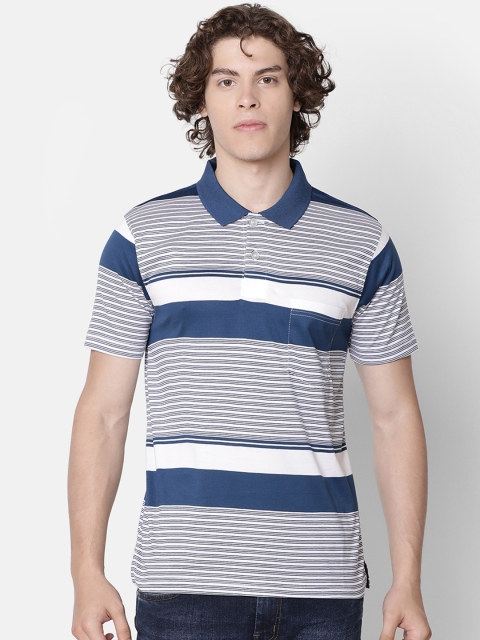 

IMYOUNG Men Navy Blue & White Striped Polo Collar T-shirt