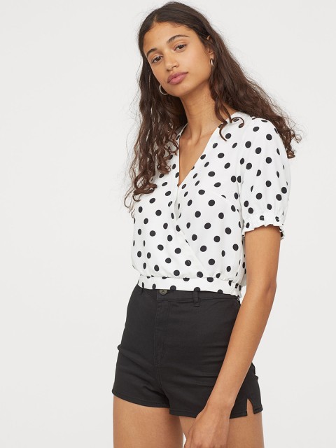 

H&M Women White & Black Wrapover Blouse with Ties