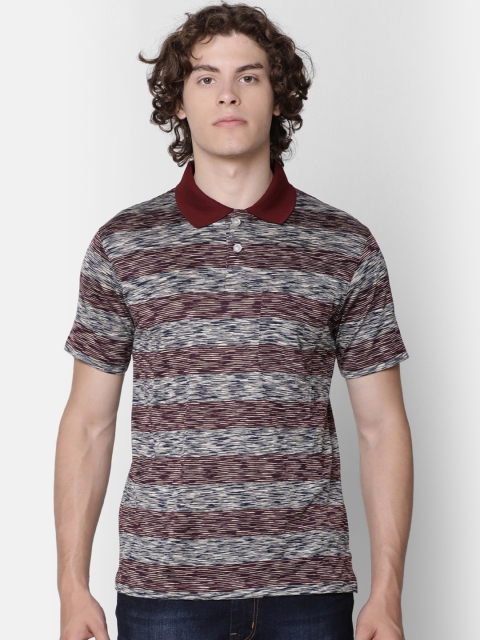 

IMYOUNG Men Maroon & Blue Striped Polo Collar T-shirt