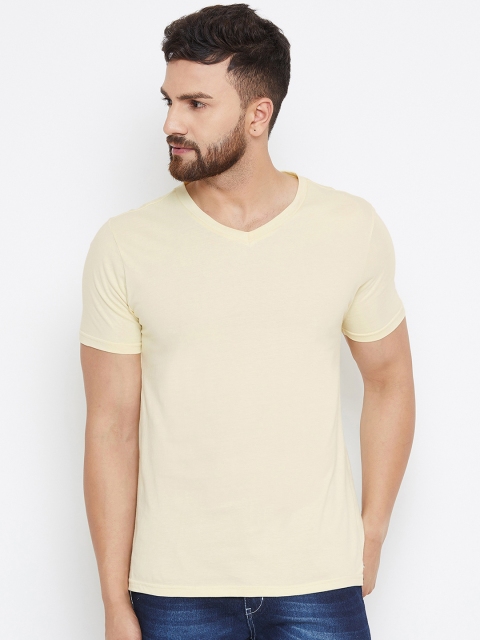 JUMP USA Men Beige Solid V-Neck Pure Cotton T-shirt