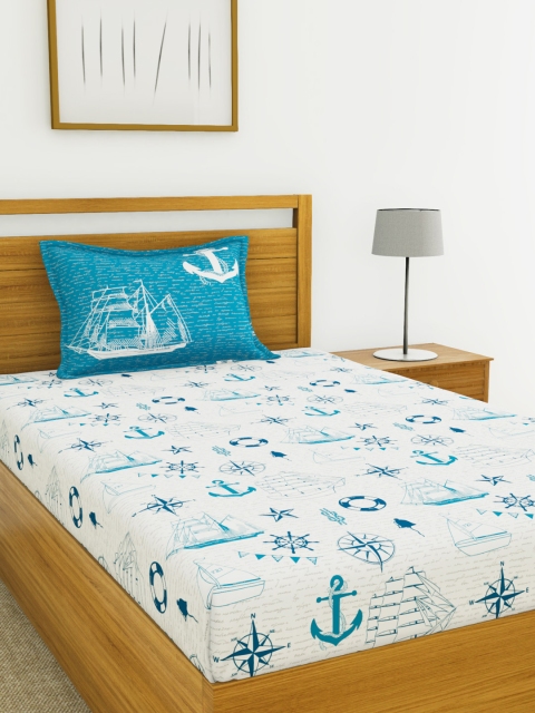 

BIANCA White & Blue Abstract 144 TC Cotton 1 Single Bedsheet with 1 Pillow Cover