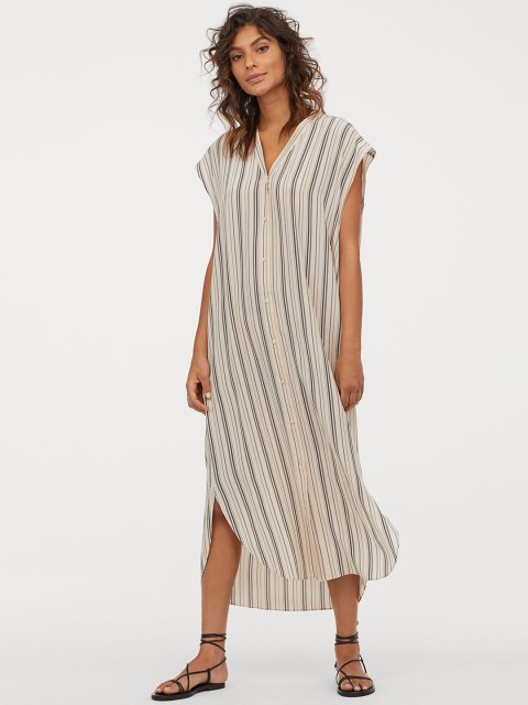 

H&M Women Beige Solid Long Silk Dress