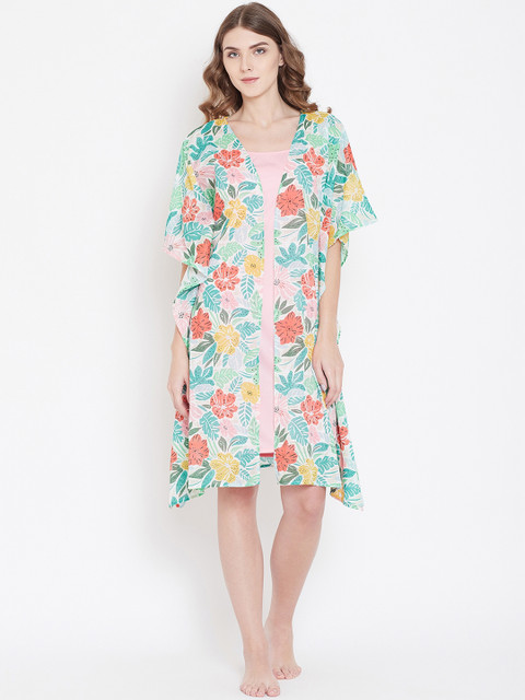 

The Kaftan Company Green & Pink Printed Layered Cotton Nightdress LW_CO_GOWNSET24