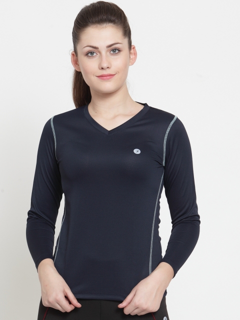 

BUKKUM Women Navy Blue Solid V-Neck Sports T-shirt