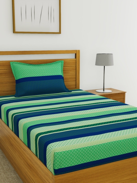

BIANCA Blue & Green Striped 144 TC Cotton 1 Single Bedsheet with 1 Pillow Cover