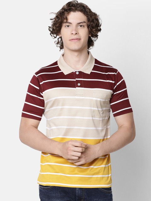 

IMYOUNG Men Maroon & White Striped Polo Collar T-shirt