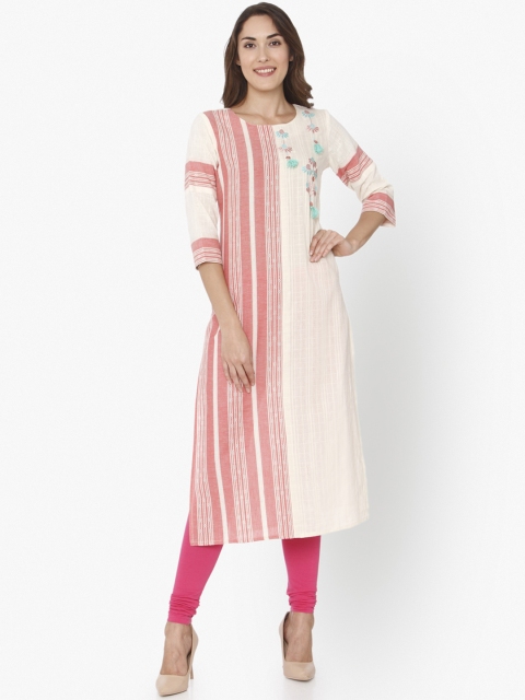 

RAISIN Women White & Pink Striped Straight Kurta