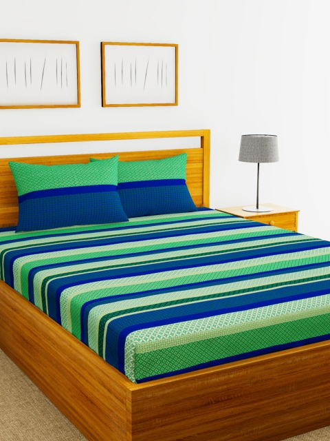 

BIANCA Blue & Green Striped 144 TC Cotton 1 Queen Bedsheet with 2 Pillow Covers