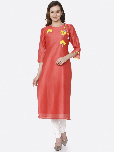

RAISIN Women Orange Embroidered Detail Silk Straight Kurta