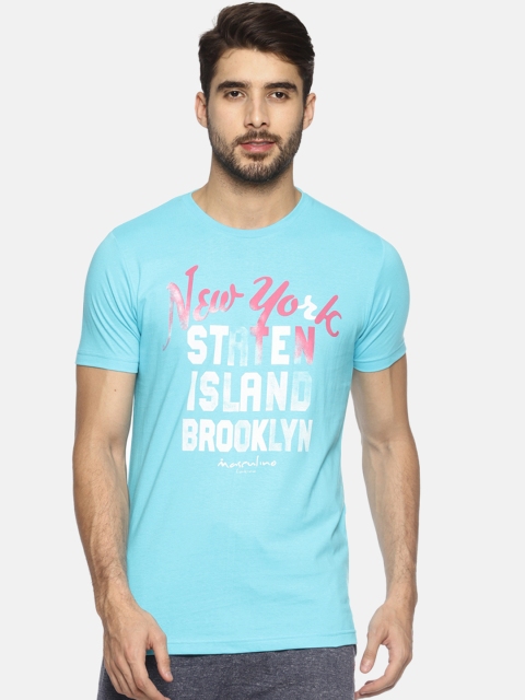 Masculino Latino Men Turquoise Blue Printed Round Neck T-shirt
