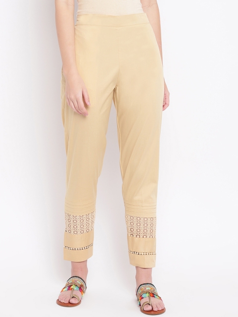 

RIVI Women Beige Relaxed Fit Solid Regular Trousers with Lace Inserts