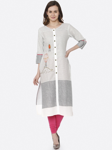 

RAISIN Women Grey & White Striped Straight Kurta