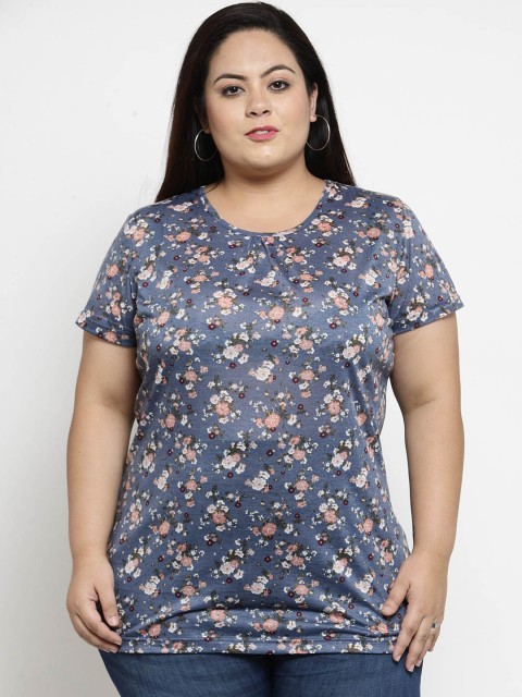

plusS Women Blue & Pink Floral Printed Round Neck T-shirt