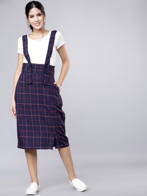 

Tokyo Talkies Women Navy Blue & Red Checked Straight Skirt