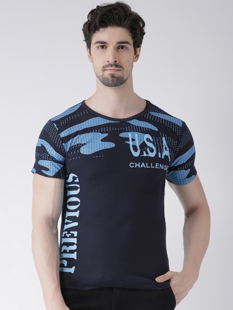 

REALM Men Blue Printed Round Neck T-shirt