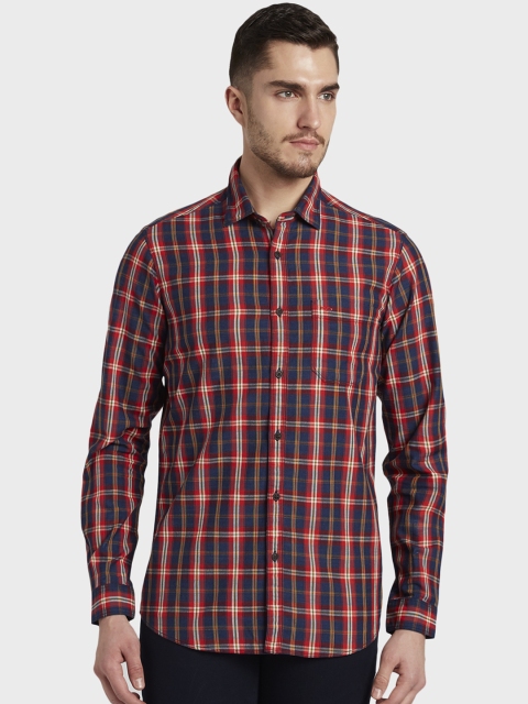 ColorPlus Men Red & Navy Blue Regular Fit Checked Casual Shirt