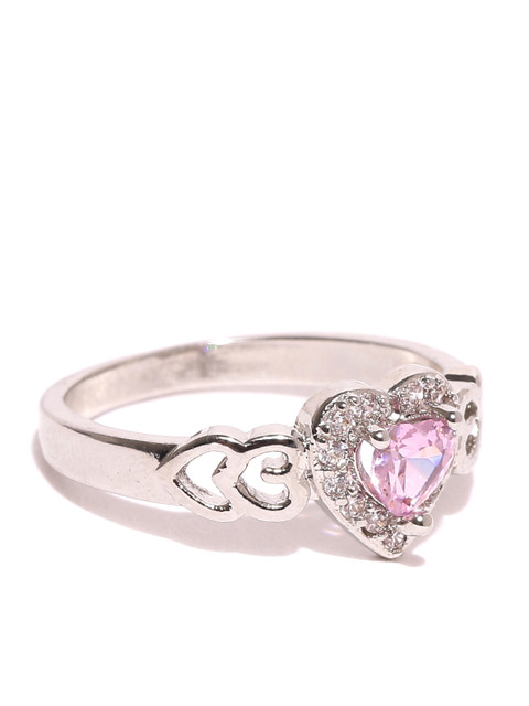 

OOMPH Women Silver-Plated & Pink Stone Embellished Heart-Shaped Finger Ring